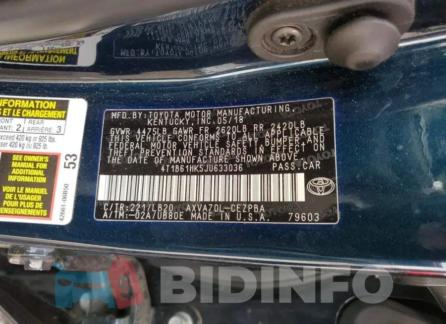 4T1B61HK5JU633036 Photo# 12