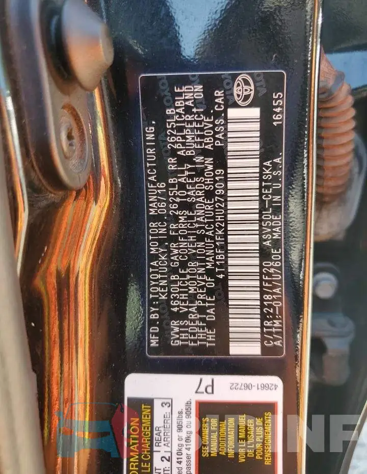 4T1BF1FK2HU279019 Photo# 13
