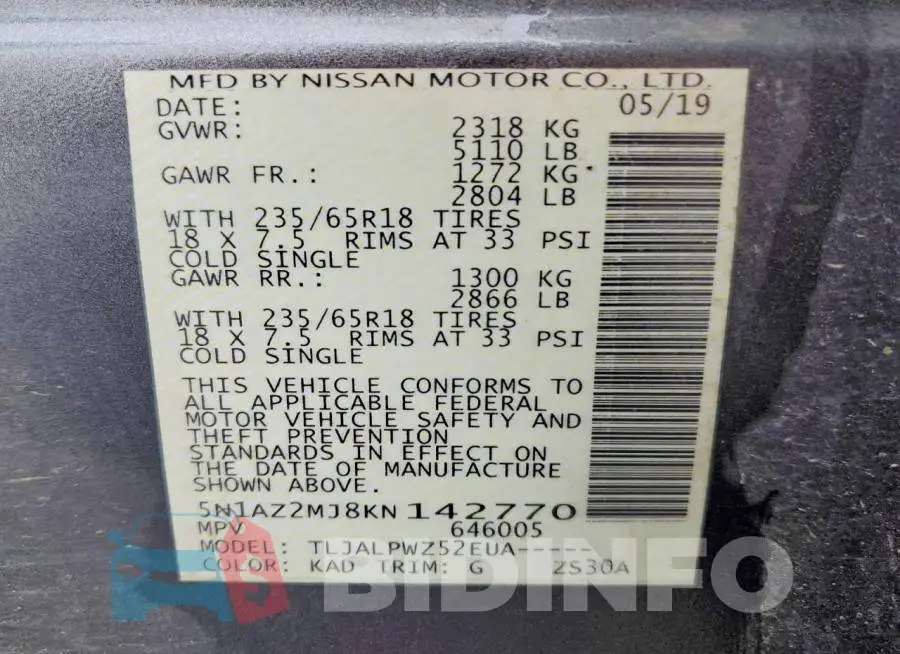 5N1AZ2MJ8KN142770 Photo# 13