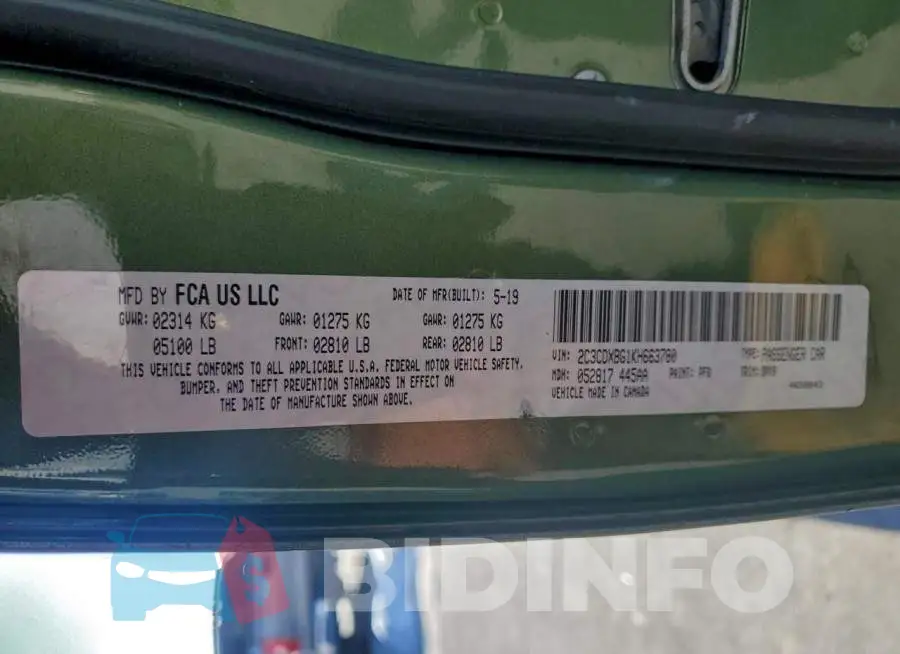 2C3CDXBG1KH663780 Photo# 13
