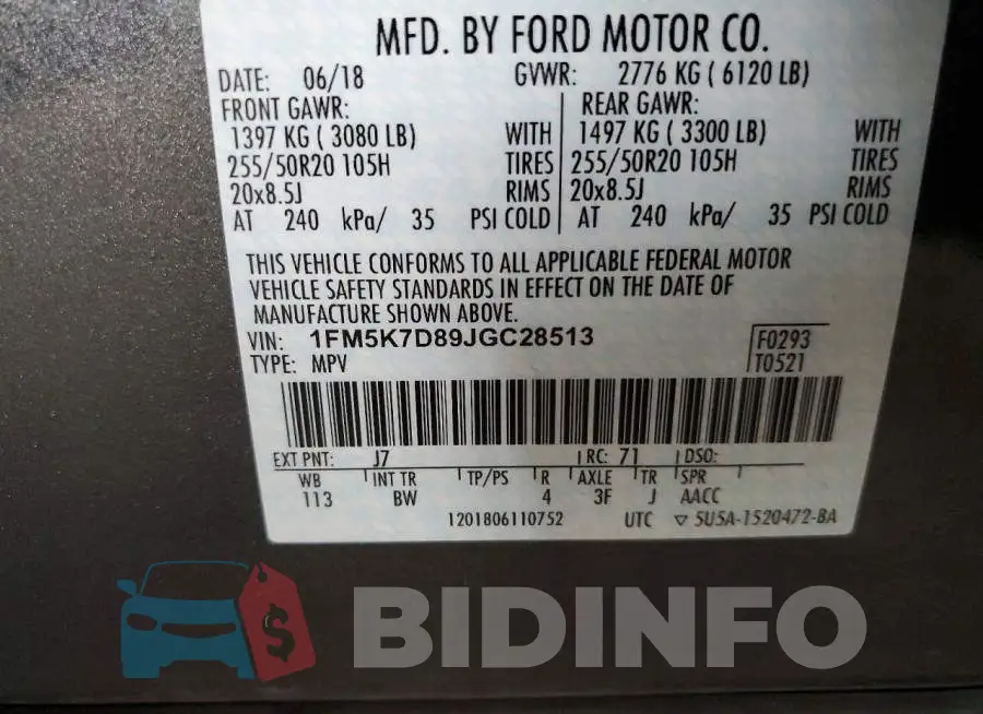 1FM5K7D89JGC28513 Photo# 13