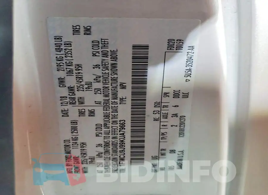 1FMCU9J99KUA79663 Photo# 14