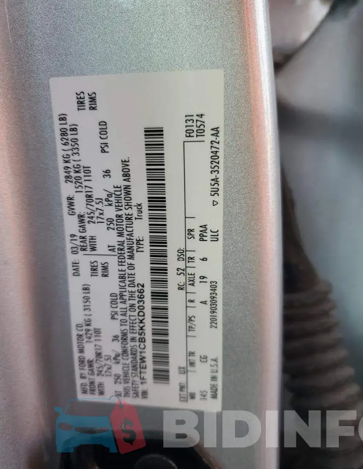 1FTEW1CB5KKD03662 Photo# 12