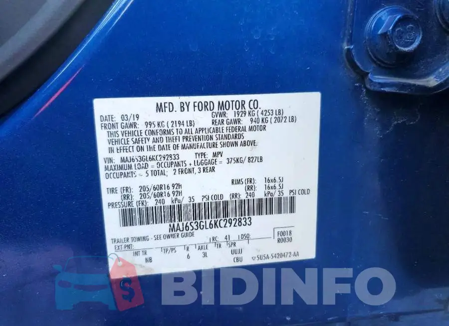 MAJ6S3GL6KC292833 Photo# 12