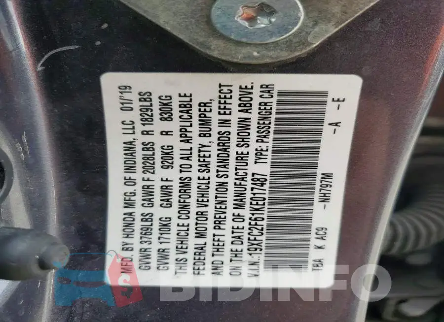 19XFC2F61KE017487 Photo# 12