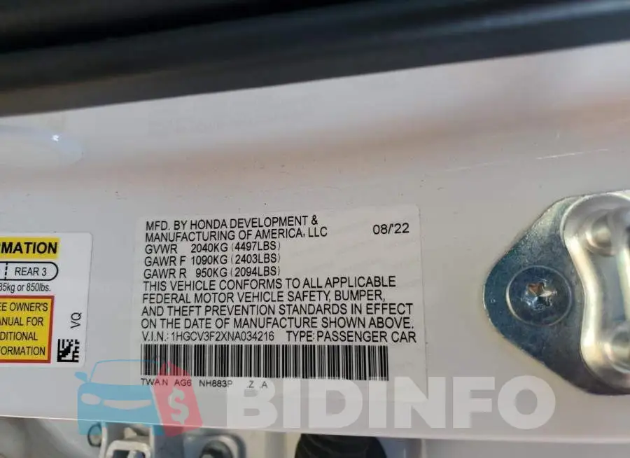 1HGCV3F2XNA034216 Photo# 12