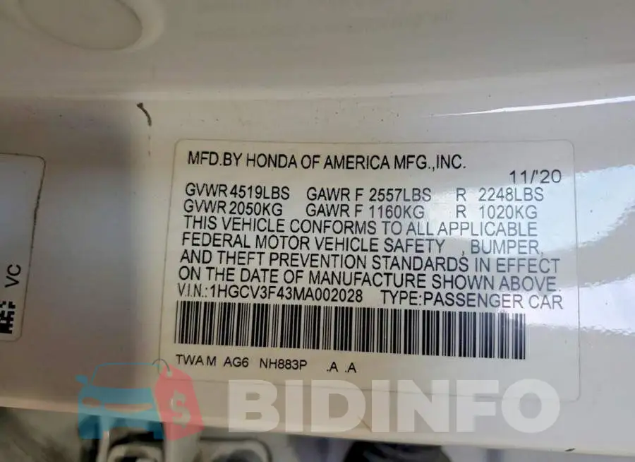 1HGCV3F43MA002028 Photo# 12