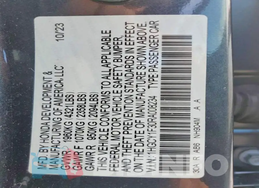 1HGCY1F30RA008234 Photo# 13