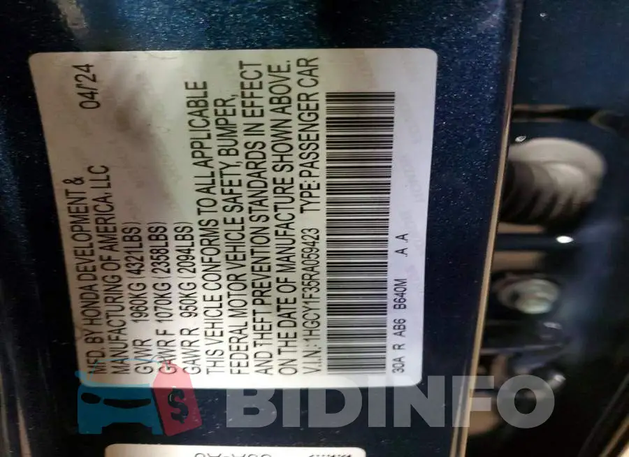 1HGCY1F35RA059423 Photo# 12