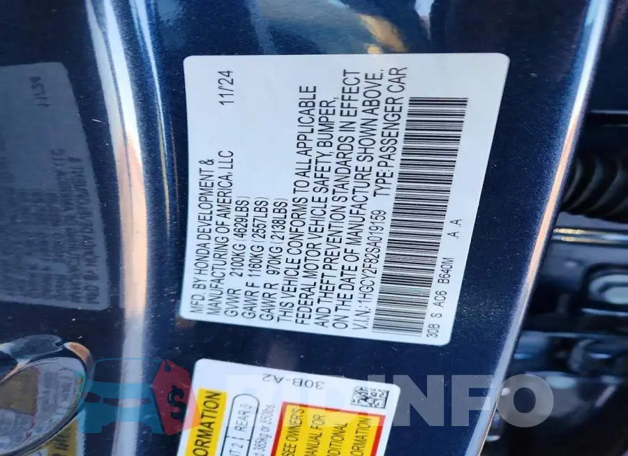 1HGCY2F82SA019159 Photo# 12