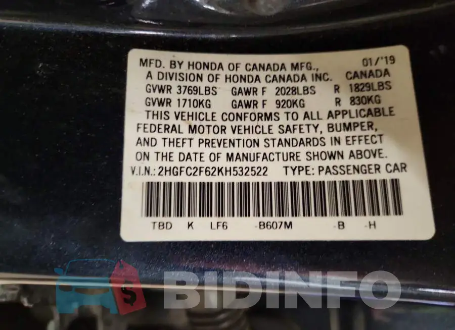 2HGFC2F62KH532522 Photo# 12