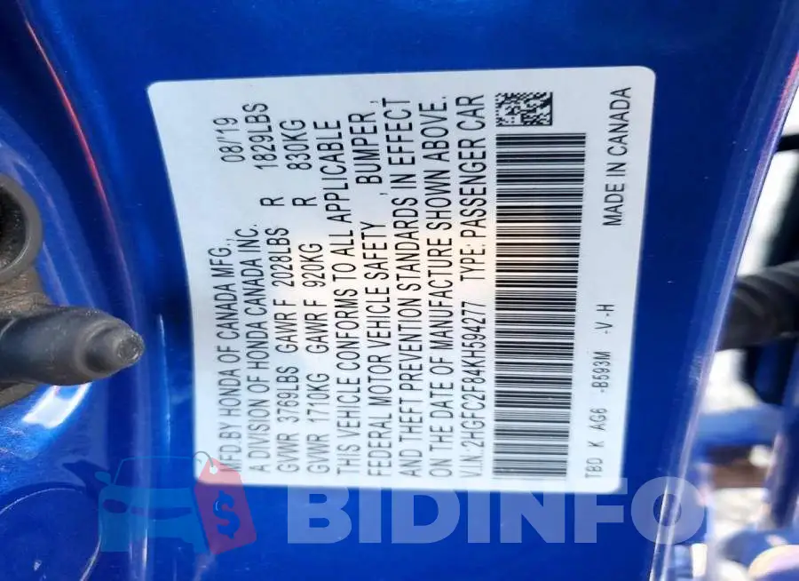 2HGFC2F84KH594277 Photo# 13