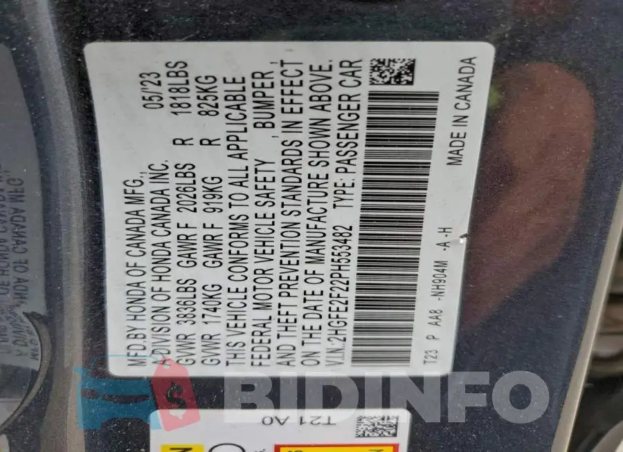 2HGFE2F22PH553482 Photo# 12