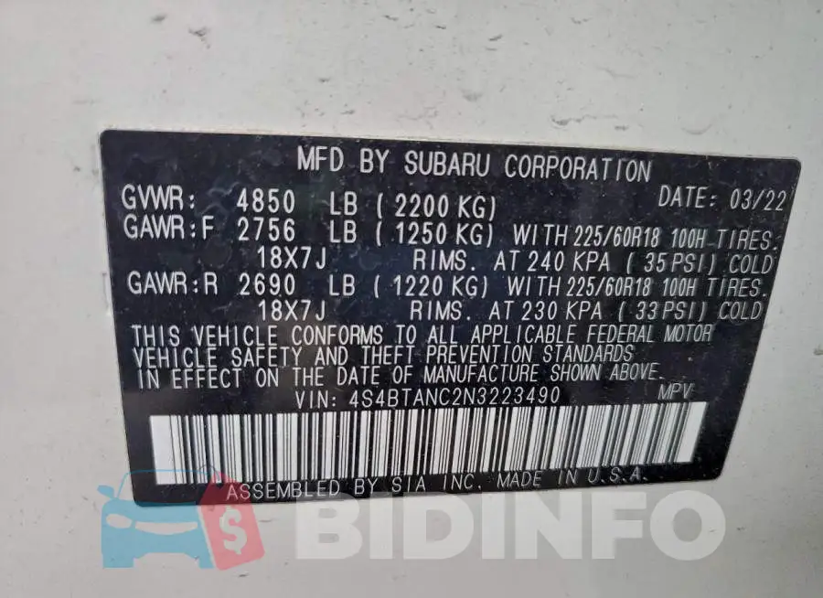 4S4BTANC2N3223490 Photo# 13