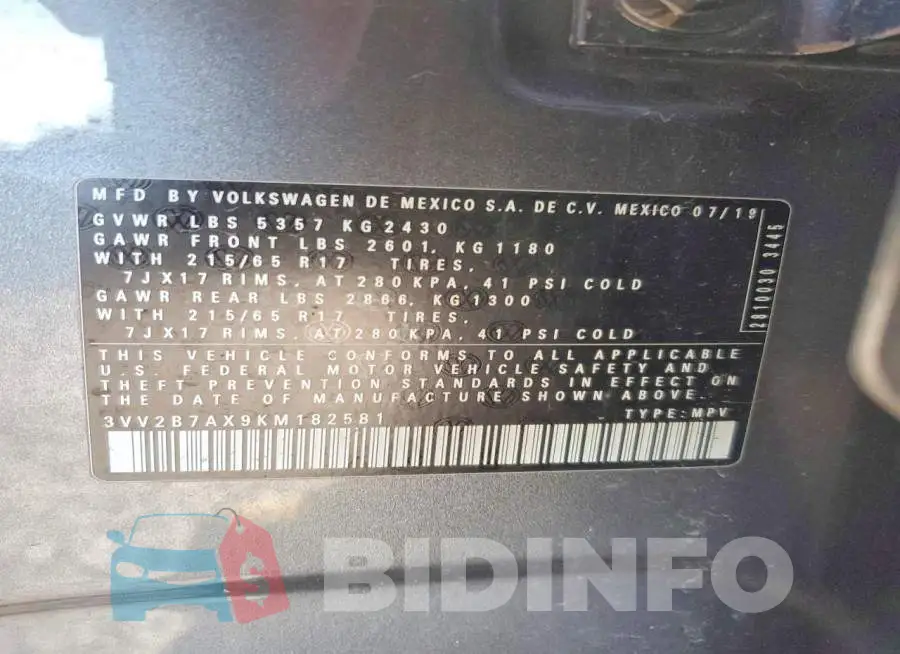 3VV2B7AX9KM182581 Photo# 13