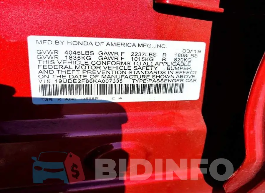 19UDE2F86KA007335 Photo# 12