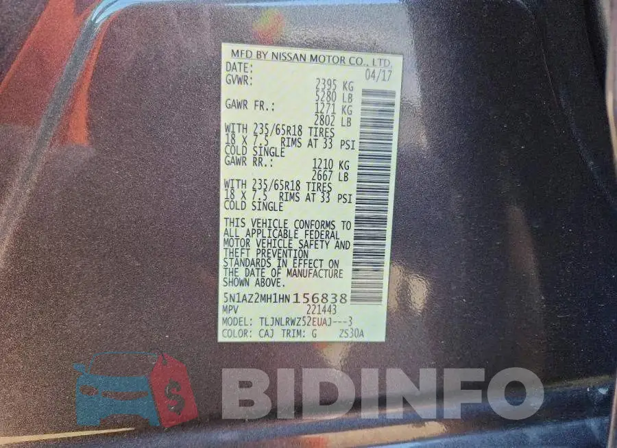 5N1AZ2MH1HN156838 Photo# 13