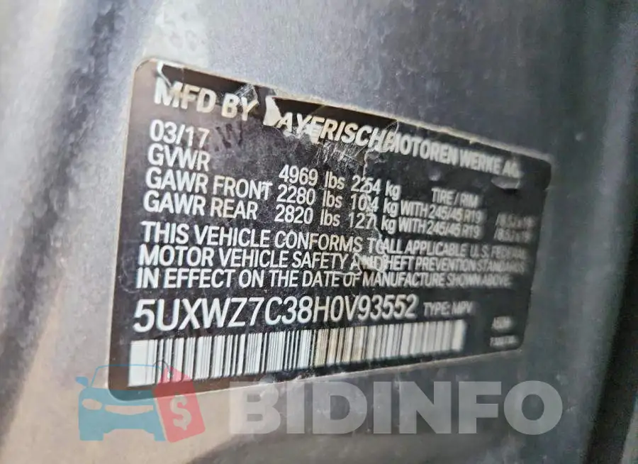 5UXWZ7C38H0V93552 Photo# 12