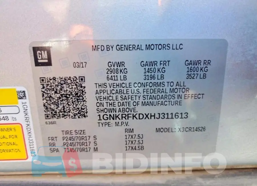 1GNKRFKDXHJ311613 Photo# 14