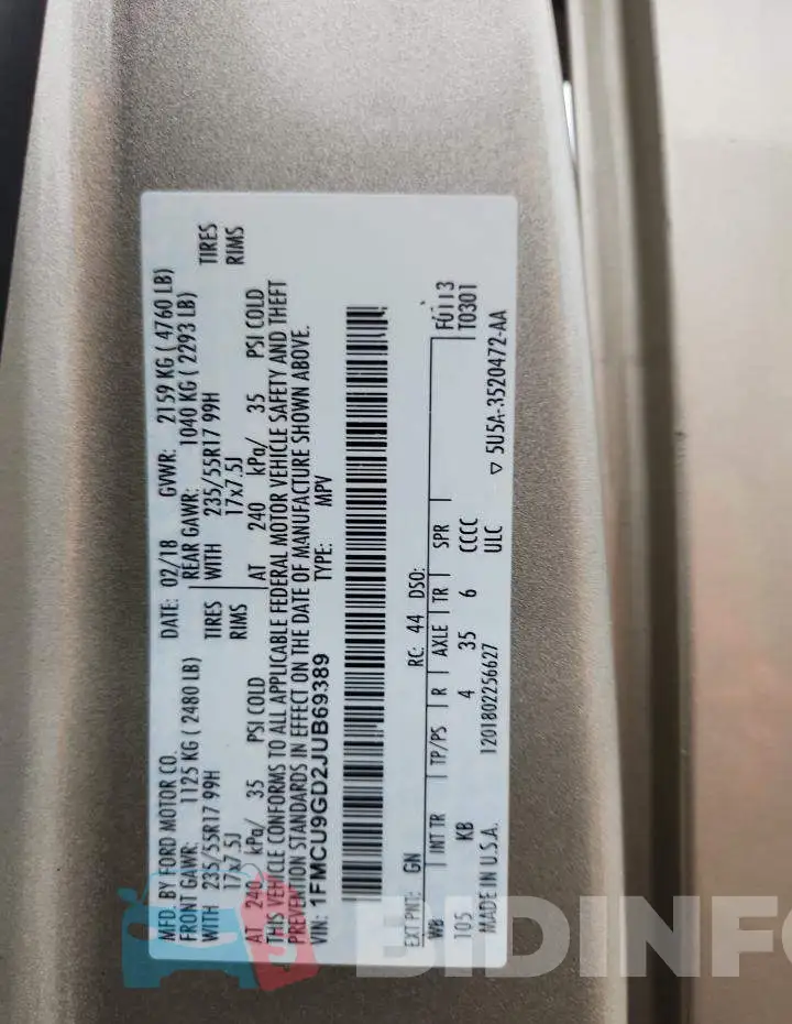 1FMCU9GD2JUB69389 Photo# 14