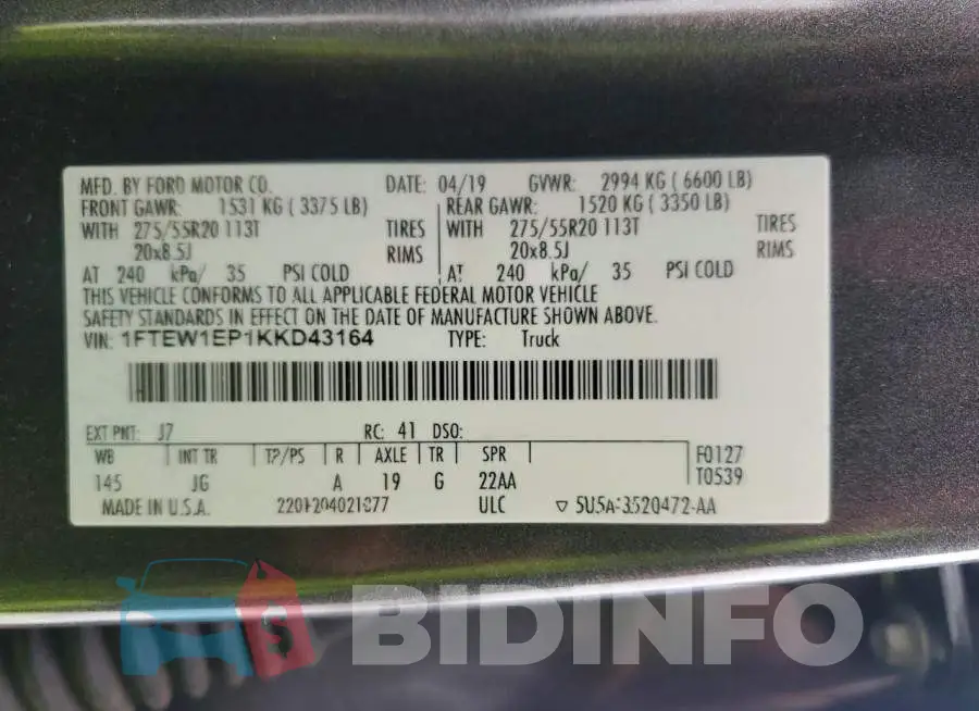 1FTEW1EP1KKD43164 Photo# 12