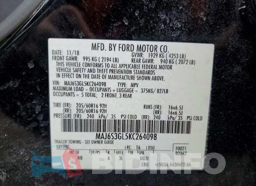 MAJ6S3GL5KC264098 Photo# 13