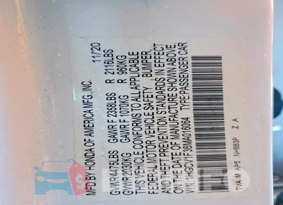 1HGCV1F36MA016064 Photo# 12