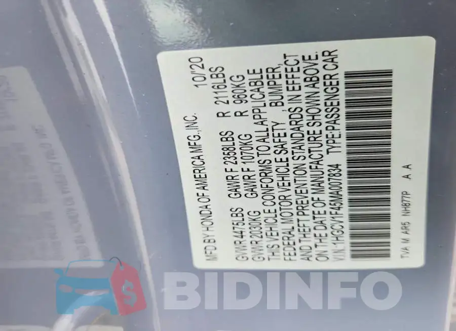 1HGCV1F45MA007834 Photo# 12