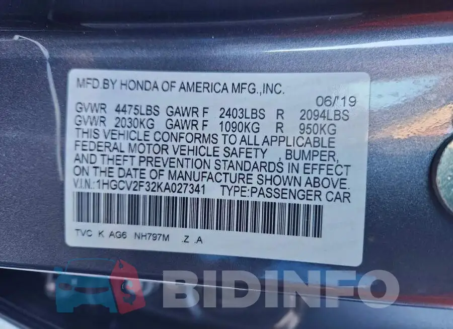 1HGCV2F32KA027341 Photo# 12