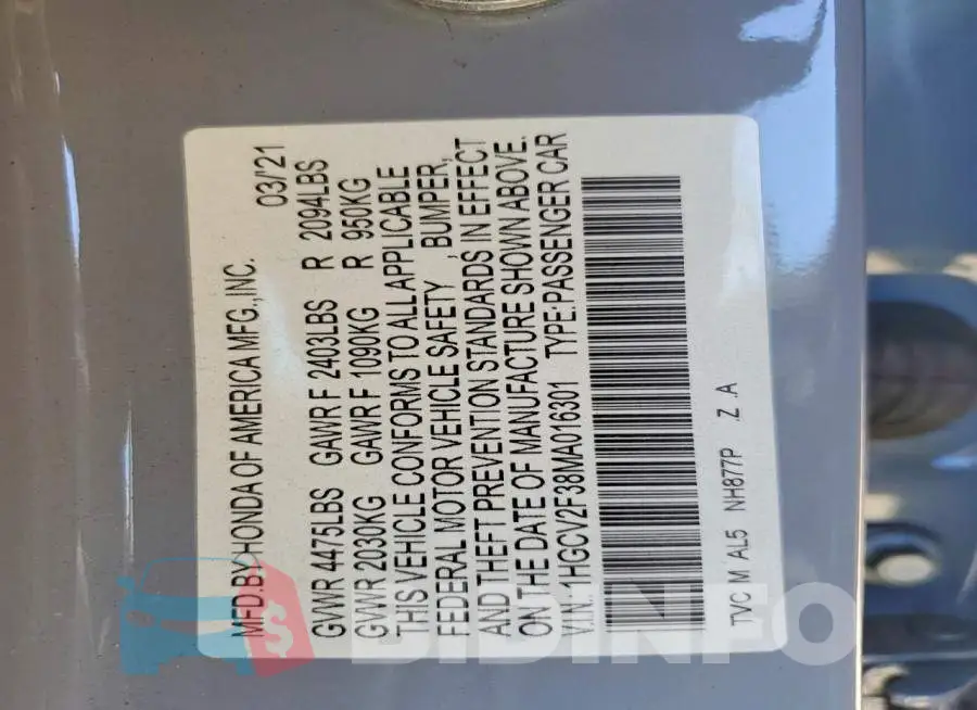 1HGCV2F38MA016301 Photo# 12