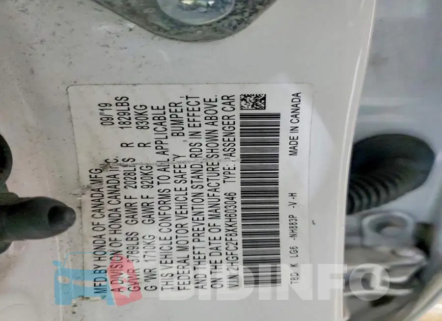 2HGFC2F8XKH603046 Photo# 12