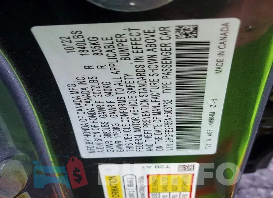 2HGFE2F56NH608782 Photo# 13