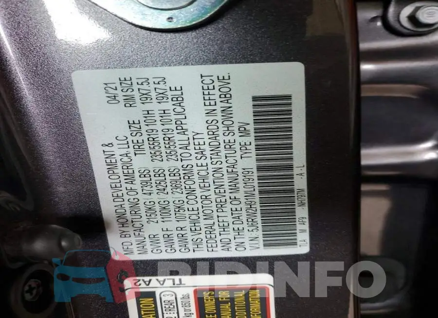 5J6RW2H91ML019191 Photo# 14