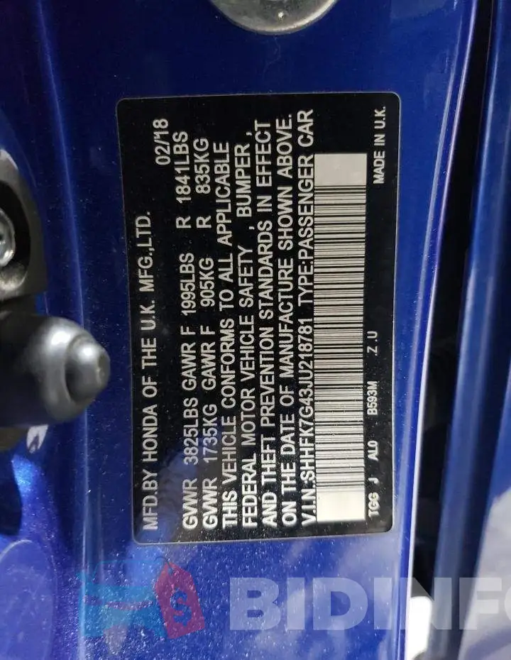 SHHFK7G43JU218781 Photo# 13