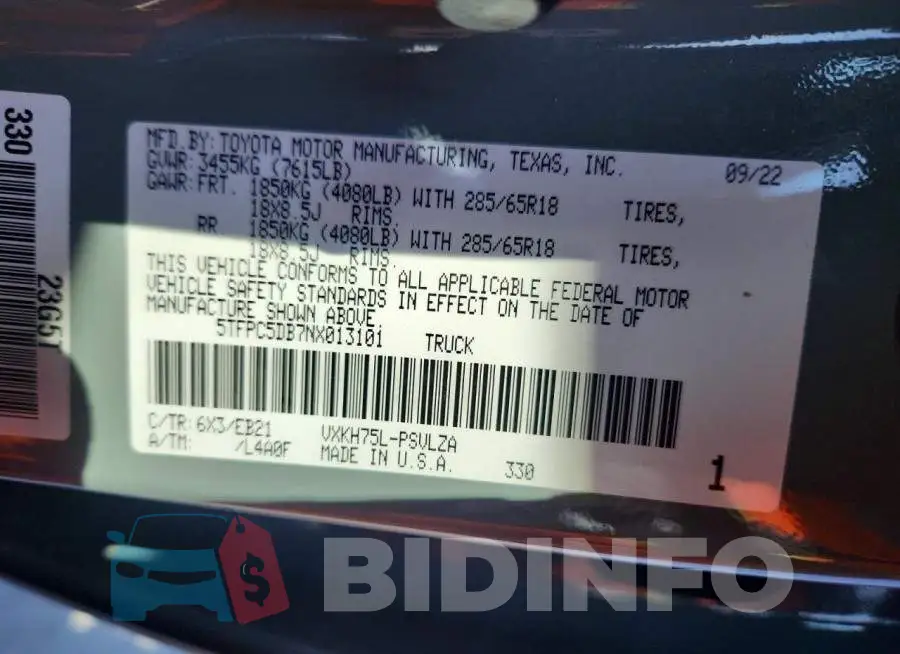 5TFPC5DB7NX013101 Photo# 12