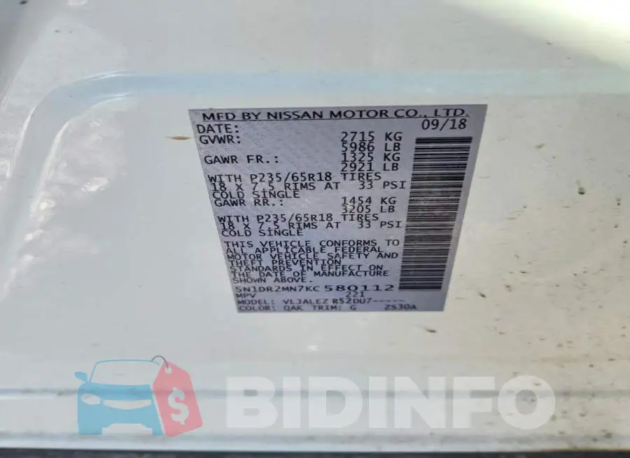 5N1DR2MN7KC580112 Photo# 13