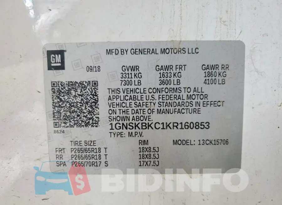 1GNSKBKC1KR160853 Photo# 13