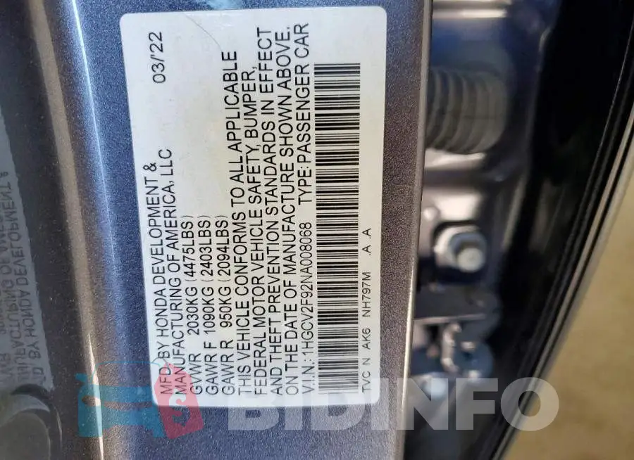 1HGCV2F92NA008068 Photo# 13