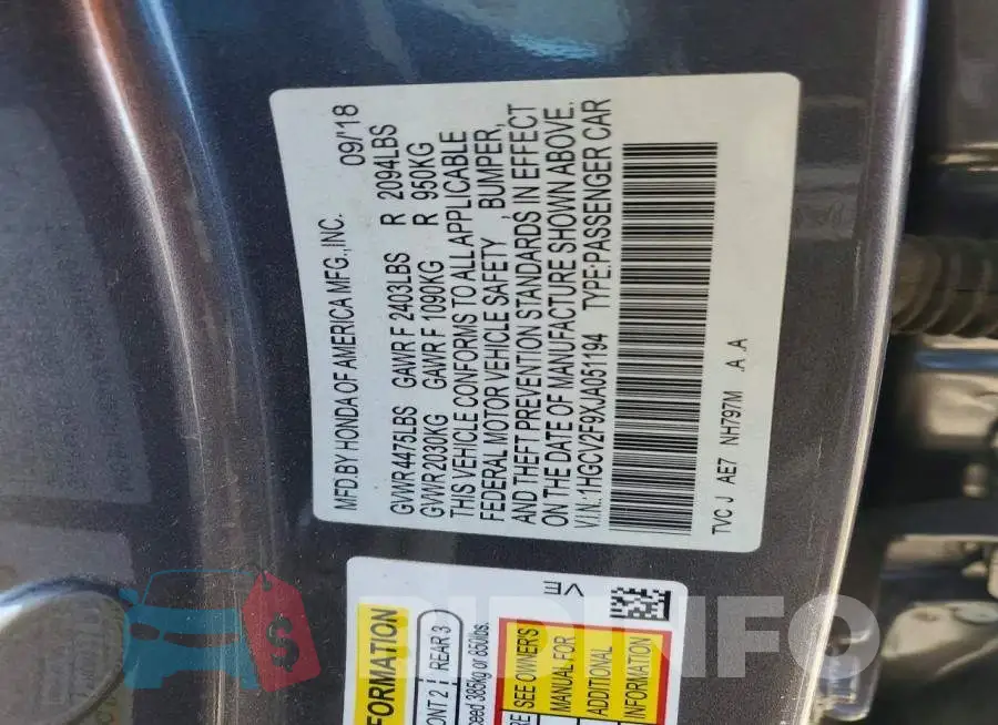 1HGCV2F9XJA051194 Photo# 12