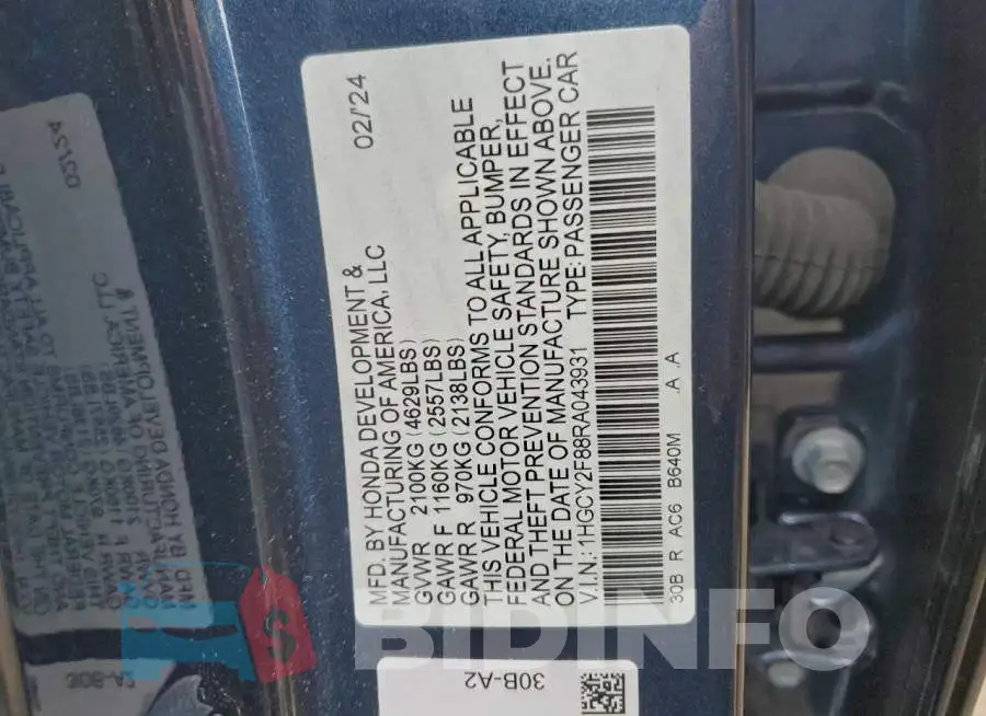 1HGCY2F88RA043931 Photo# 12
