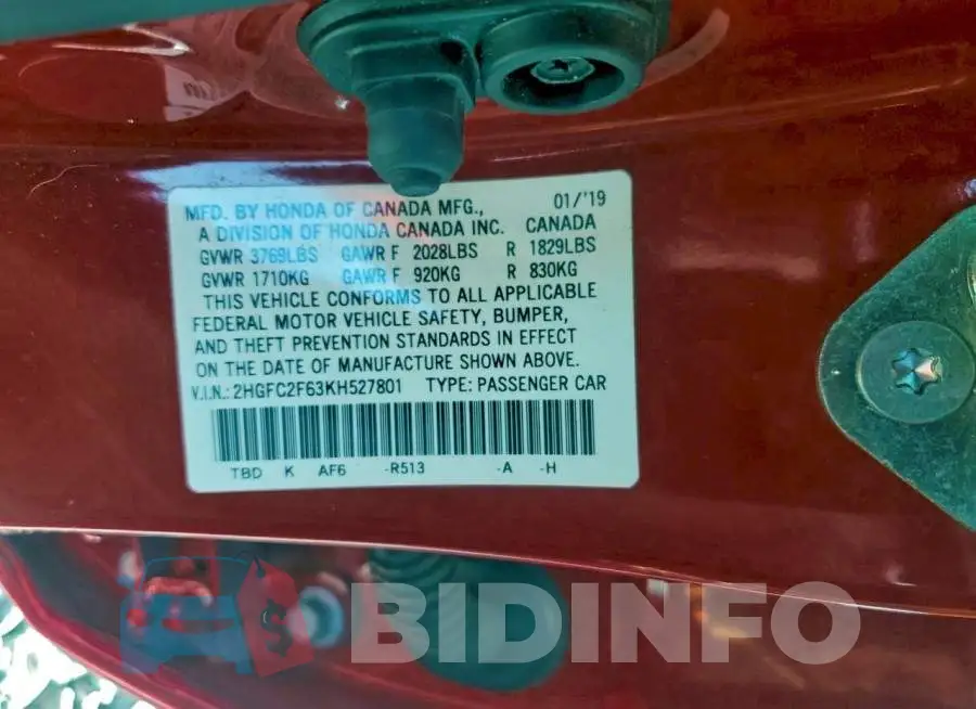 2HGFC2F63KH527801 Photo# 12