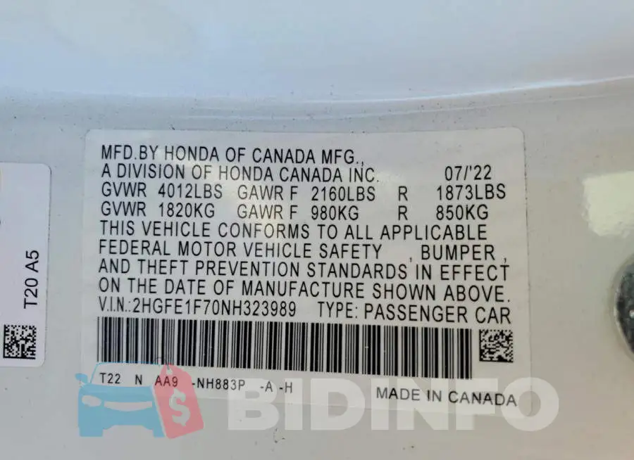 2HGFE1F70NH323989 Photo# 12