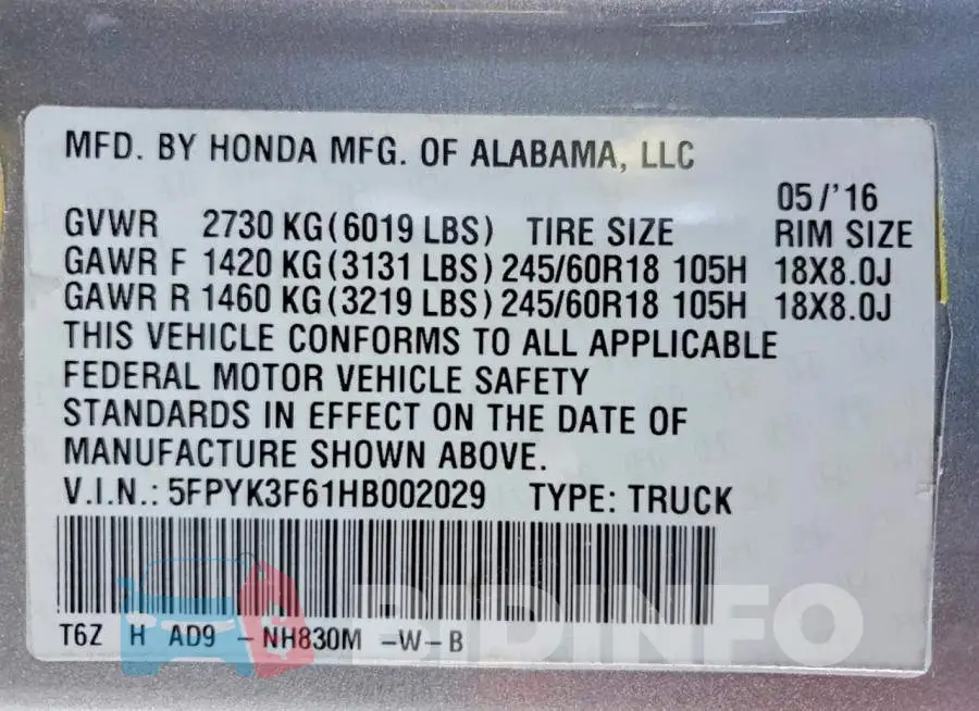 5FPYK3F61HB002029 Photo# 12
