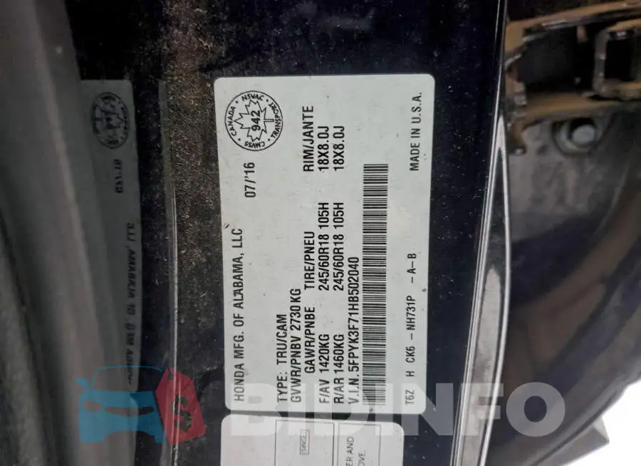 5FPYK3F71HB502040 Photo# 12