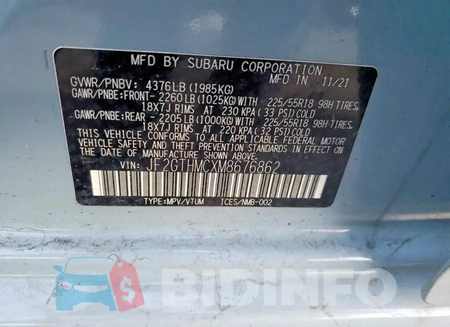 JF2GTHMCXM8676862 Photo# 13