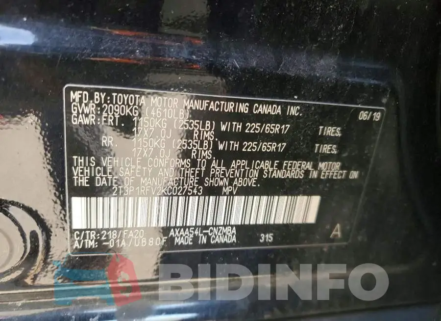2T3P1RFV2KC027543 Photo# 13