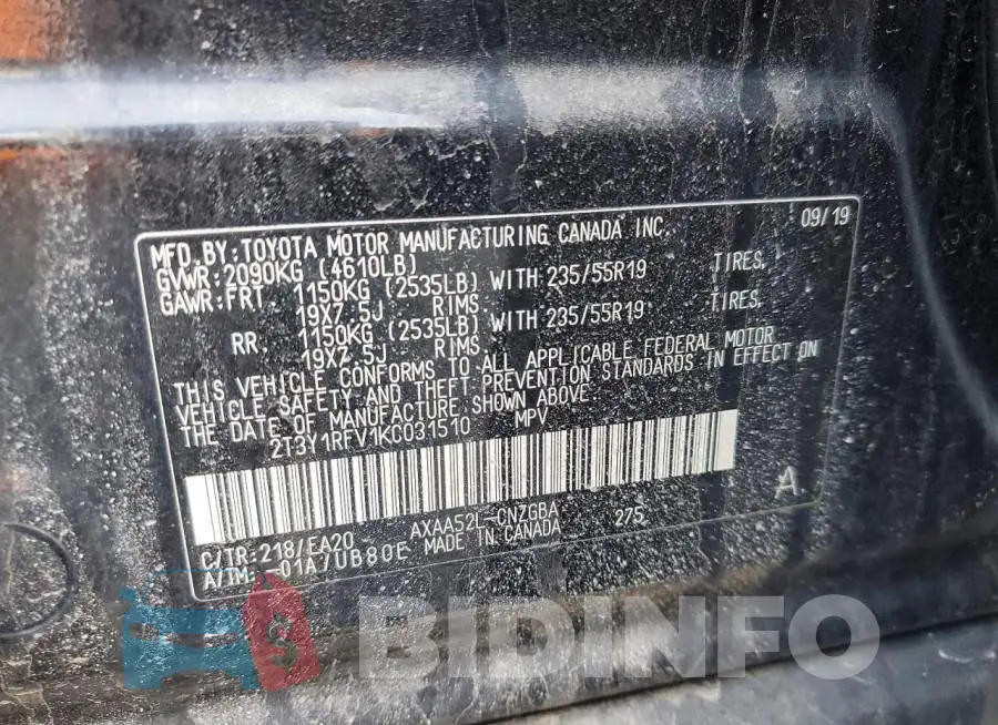 2T3Y1RFV1KC031510 Photo# 13