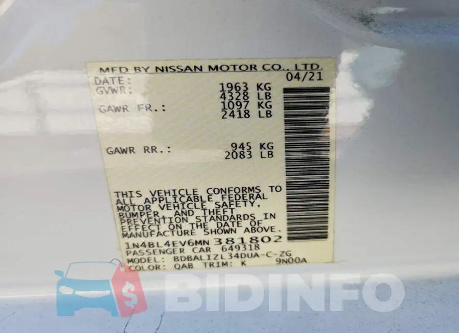 1N4BL4EV6MN381802 Photo# 12