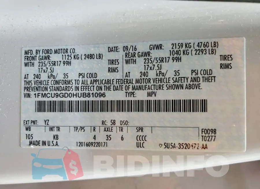 1FMCU9GD0HUB81096 Photo# 13