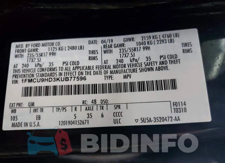 1FMCU9HD3KUB77596 Photo# 13